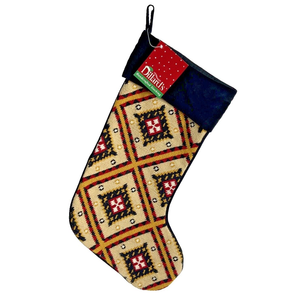 Needlepoint Christmas Stocking Dillards Southwest Look 17" Black Velour - New